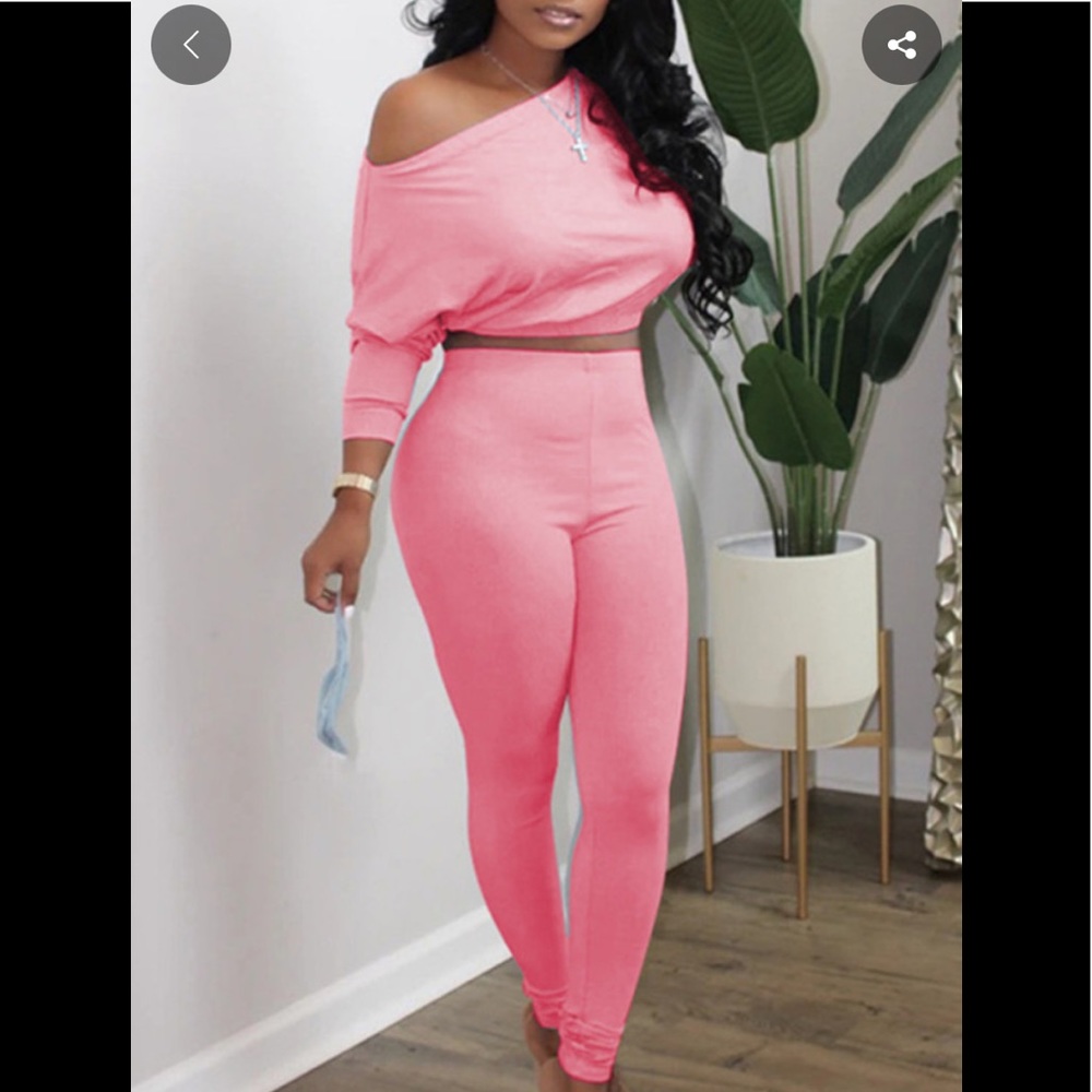 Pink Sexy Long Sleeve Oblique Collar One Shoulder Regular Solid Two Pieces